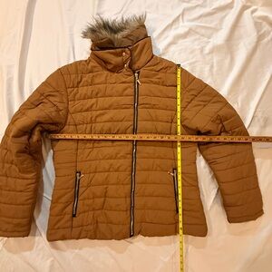Women's Tan Puffer Jacket with Faux Fur Collar